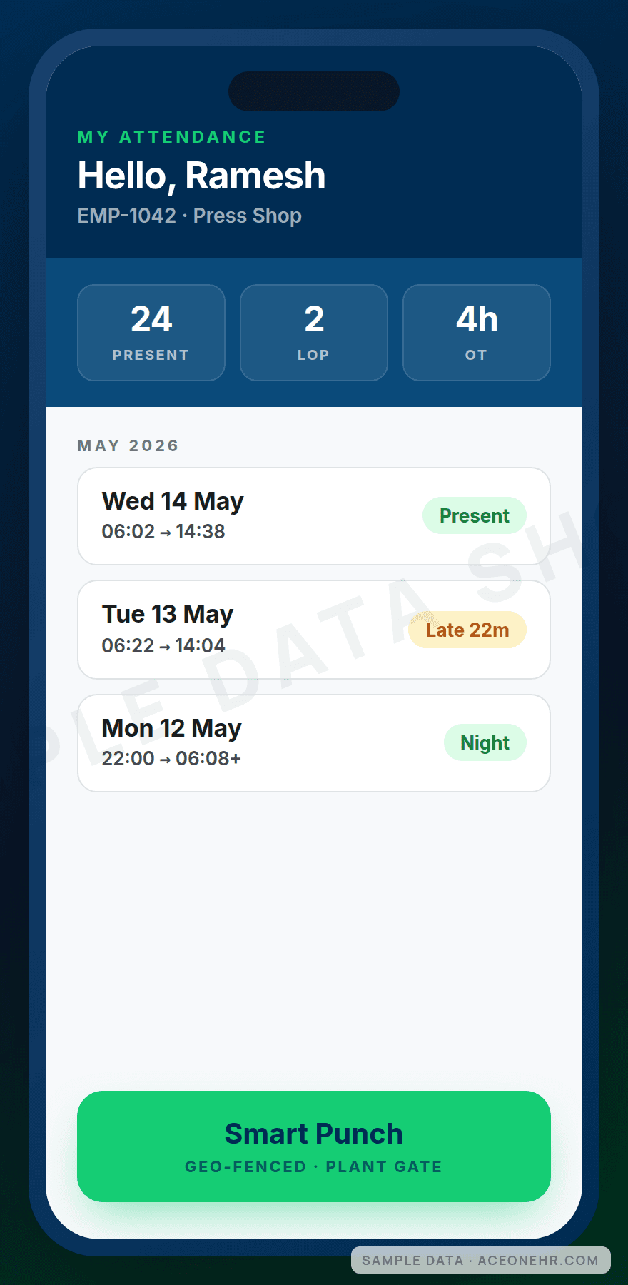AceOne ESS Android app — my attendance view, sample data
